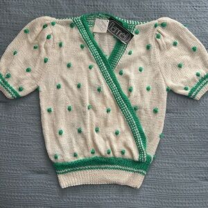 Vintage Nannell Cream V-Neck Sweater with Green dot Accents